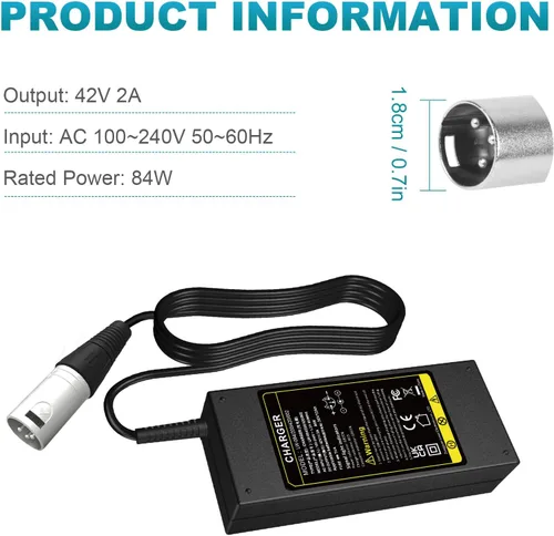 Miniatura 7 de Futurebatt Cargador de batería de bicicleta eléctrica Salida 42v 2a con conector XLR de 3 pines macho para 36 V Ebike adaptador de batería Cable