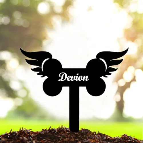 Miniatura 17 de Marcador de metal para tumbas para mascotas, nombre personalizado, estaca de jardín, perro, conmemorativo, alas de ángel, marcador de tumba, hueso