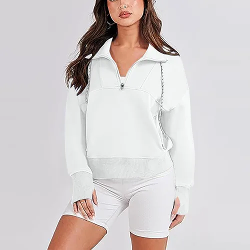 Miniatura 2 de Women's Quarter Zip Up Lapel Sweatshirt Trendy Cropped Drawstring Sweatshirt with Thumb Hole Loose Long Sleeve Workout Tops