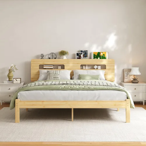 Miniatura 12 de ZIYOO Marco de cama de madera de bambú maciza tamaño individual con cabecera de almacenamiento, marco de cama plataforma de 14 pulgadas