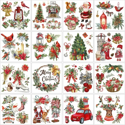Miniatura 15 de SATINIOR 16 hojas rústicas de invierno para manualidades y muebles, calcomanías de gnomo de muñeco de nieve, renos, calcomanías para álbumes