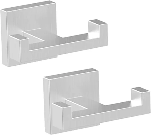 BOZWELL Ganchos dobles para toallas para baño, montaje en pared de níquel castrado, paquete de 2 ganchos modernos de estilo cuadrado para bata,