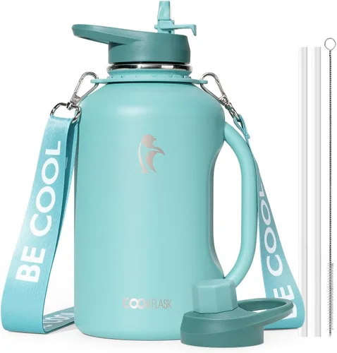 Miniatura 18 de Coolflask - Botella de agua aislada de 64 onzas, jarra de agua de medio galón con asa, popote de acero inoxidable, doble pared, de metal al vacío