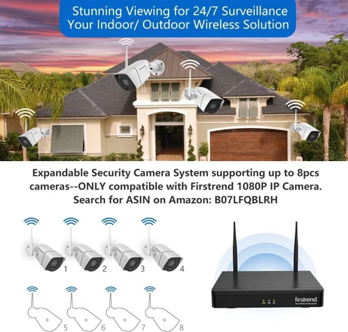 Miniatura 5 de Sistema de cámara de seguridad inalámbrica firstrend WiFi 1080P, NVR de 8 canales con 4 cámaras de seguridad para el hogar y disco duro de 1 TB