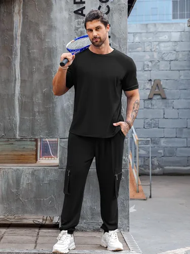 Miniatura 4 de Babioboa Conjunto de 2 piezas de camiseta y pantalones deportivos para hombre, con bolsillo con solapa, pantalones deportivos holgados y lisos