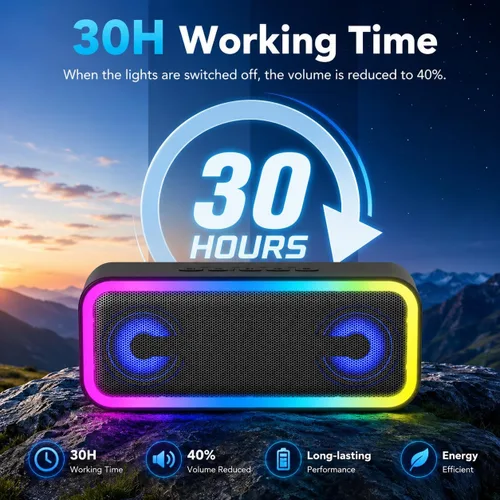 Miniatura 4 de Altavoz Bluetooth portátil, altavoz inalámbrico estéreo de 30 W con graves profundos y luces RGB, Bluetooth 5.4, IPX7 impermeable, tiempo