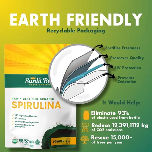 Miniatura 9 de Sunlit Best Polvo de Espirulina Orgánica USDA - Clorofila, Absorción Rápida, Alga Espirulina Azul-Verde, Proteína Cruda Vegana - Sin OMG