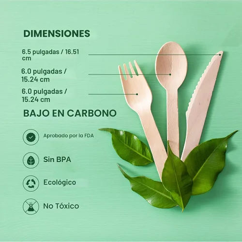 Miniatura 5 de Juego de cubiertos 100% compostables – 300 piezas de utensilios de madera compostables [120 tenedores, 90 cuchillos, 90 cucharas] – Cubiertos