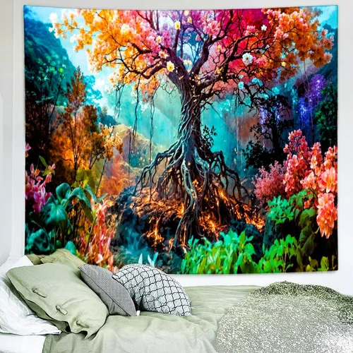 Miniatura 2 de Delur Tapiz de bosque con diseño de árbol de la vida, bosque tropical, para colgar en la pared, colorido paisaje místico, cabecero psicodélico