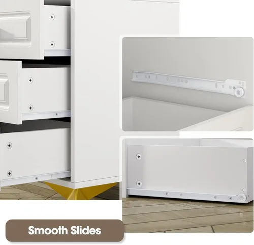 Miniatura 5 de Giluta Mesita de noche blanca con 3 cajones, moderna mesita de noche con patas y asas de metal macizo dorado, mesa de noche de madera, mesa auxiliar