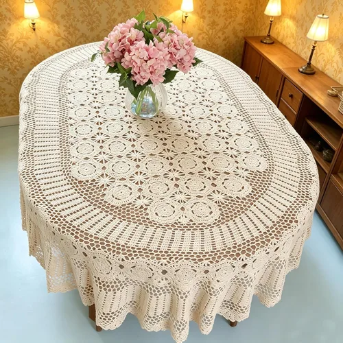 Miniatura 6 de USTIDE Mantel ovalado vintage de ganchillo de algodón beige para mesa de mesa ovalada rústica para bodas/fiestas, 59 x 82.6 pulgadas
