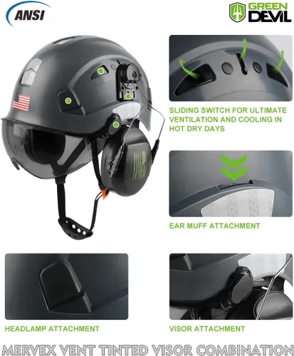 Miniatura 2 de Casco de seguridad con visera y protección para los oídos, ajustable, ligero, ventilado, ABS, casco de trabajo para hombres y mujeres, suspensión