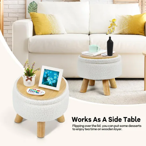 Miniatura 6 de OGEMXU Reposapiés otomano, otomana redonda pequeña con almacenamiento, taburete Boucle de terciopelo con patas de madera, otomana de almacenamiento