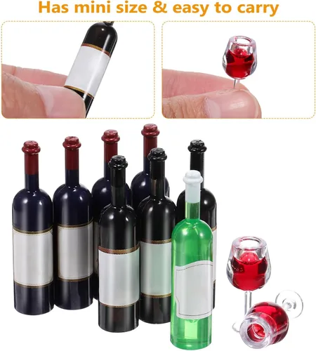 Miniatura 9 de NUOBESTY - Juego de 10 copas de vino en miniatura para casa de muñecas con 8 mini botellas, color rojo oscuro, decoración de copa pequeña para casa