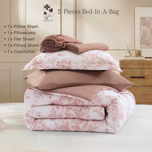 Miniatura 7 de BLOOMHAVEN Juego de edredón tamaño individual XL, juego de ropa de cama de 5 piezas con rosas florales para todas las estaciones, cama en una bolsa