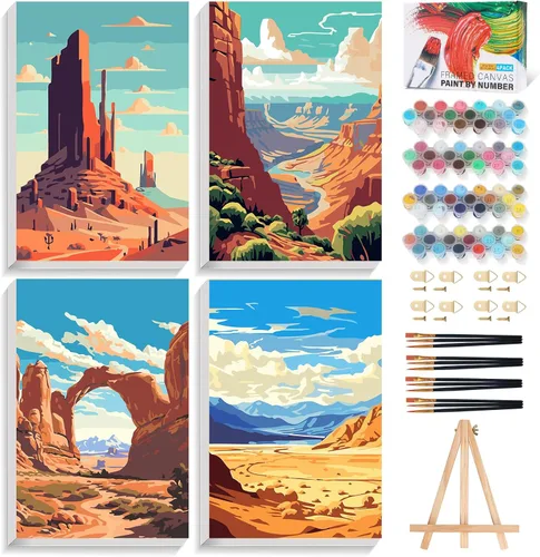Miniatura 11 de Offito Paquete de 4 pinturas enmarcadas por números para adultos principiantes con caballete de madera, kit de pintura fácil de paisaje por números