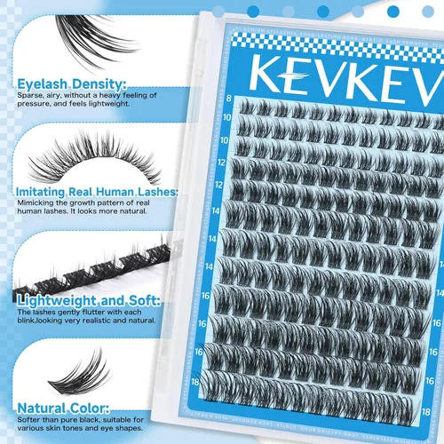 Miniatura 5 de KEVKEV Kit de racimos de pestañas de 144 unidades de pestañas de 0.31 a 0.70 pulgadas, kit de extensión de pestañas de banda fina, racimos