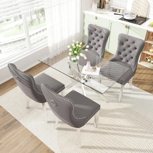Miniatura 2 de Juego de mesa de comedor de vidrio de 51 pulgadas para 4, mesa de cocina rectangular moderna de vidrio con 4 sillas tapizadas de terciopelo, juego