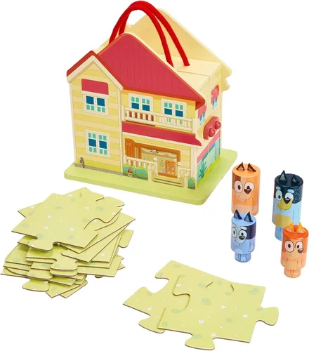 Bluey 8th Wonder Juego de Casa de Juguete de Madera Portátil, 23 Cm, Juego de Casa de Juguete Portátil con 6 Personajes y Alfombra de Rompecabezas