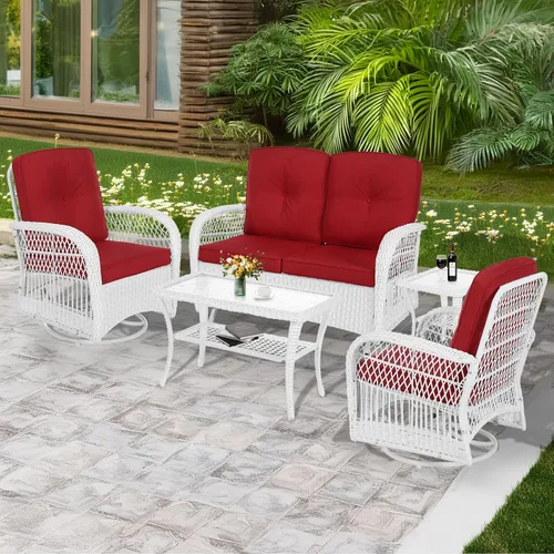 Miniatura 47 de MEETWARM Juego de 3 piezas de mimbre giratorio para patio al aire libre, mecedoras, juegos de muebles de patio de ratán con cojín grueso y mesa