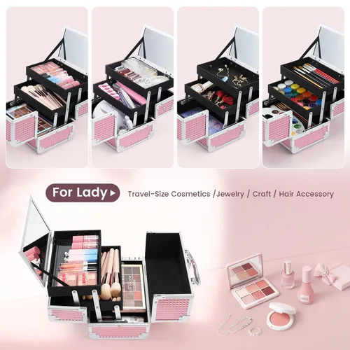 Miniatura 2 de Estuche de Tren de Maquillaje FRENESSA Caja de Maquillaje Organizador Portátil Estuche de Cosméticos para Viaje Estuche de Maquillaje con Espejo