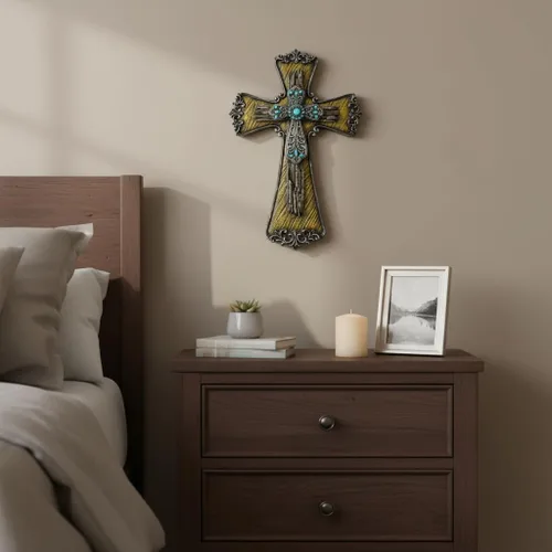 Miniatura 5 de Comfy Hour Cruz de pared decorativa de diamante azul de 12 pulgadas, rollo victoriano adornado con detalles turquesa, placa religiosa de madera