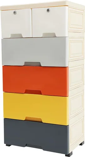 Miniatura 5 de LOYALHEARTDY Cómoda de plástico con 6 cajones, organizador alto para sala de juegos, muebles, 5 ruedas, 2 cerraduras, capacidad de carga de 66