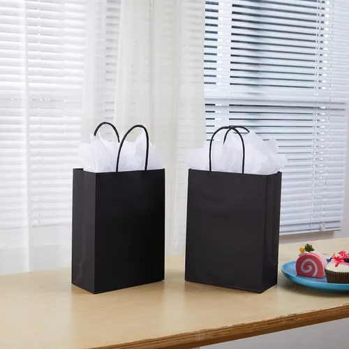 Miniatura 5 de SUNCOLOR Paquete de 12 pequeñas bolsas de regalo negras con asas, bolsas de papel de 8 pulgadas para recuerdos de fiesta, cumpleaños, Halloween