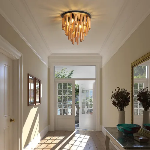 Miniatura 6 de Lámparas de techo semiempotradas de 3 luces, lámpara de madera bohemia, lámpara de techo de roble y negro con E26 para cocina, sala de estar