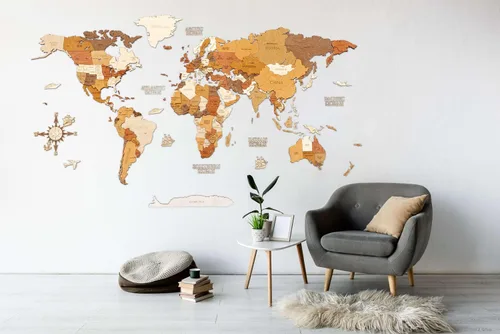 Miniatura 21 de Decoración de pared de mapa del mundo de madera, multicapa, madera teñida multicolor, nombres grabados, diseño 3D único, para cocina, oficina