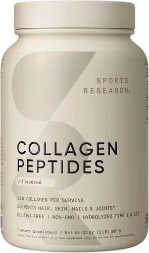 Sports Research Péptidos de colágeno - Suplemento de proteína en polvo de colágeno hidrolizado tipo 1 y 3 para piel, uñas y articulaciones