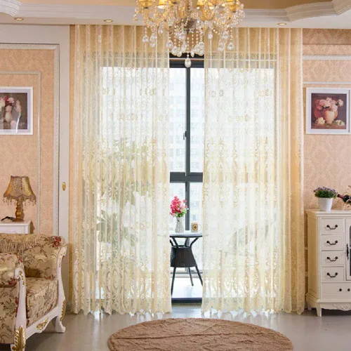 European Style Semi Jacquard Sheer Curtains Basic Rod Pocket Top Style Living Room Bedroom(2 Panels, W 100 x L 102 inch, Yellow)