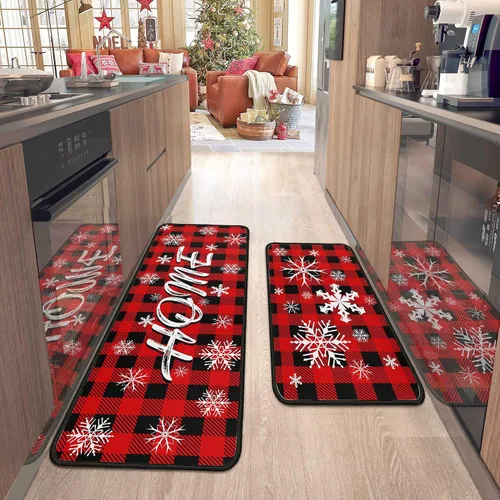 Miniatura 11 de 2 piezas de alfombras y tapetes de cocina de Navidad para el suelo con respaldo antideslizante, decoración de cocina de Navidad feliz, juego