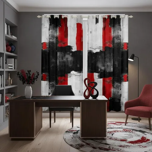 Miniatura 25 de Cortina de ventana de rayas rojas y negras, cortinas abstractas con ondas circulares, cortinas geométricas para tratamiento de ventanas para niños
