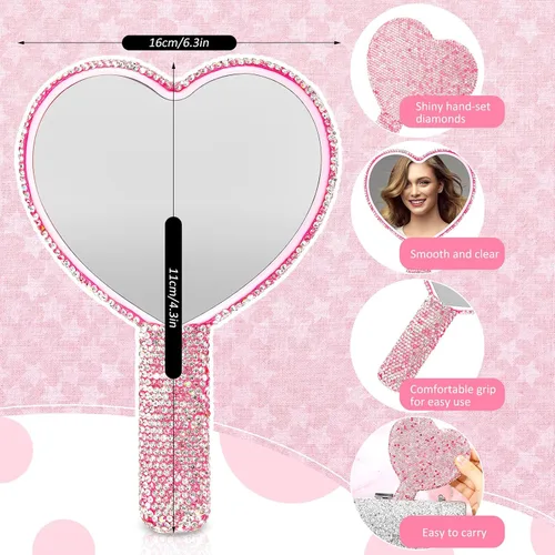 Miniatura 2 de Thyle Juego de 4 piezas de espejo de mano con diamantes de imitación y cepillo para el cabello, 2 bonitos espejos en forma de corazón, 2 cepillos