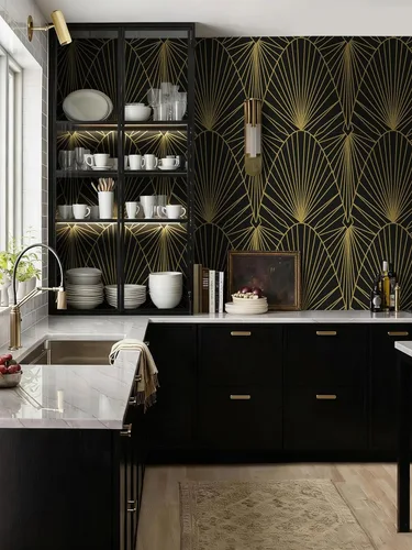 Miniatura 4 de Yasinet Papel tapiz geométrico para despegar y pegar, papel de pared negro y dorado para dormitorio, baño, papel de contacto geométrico Art Deco