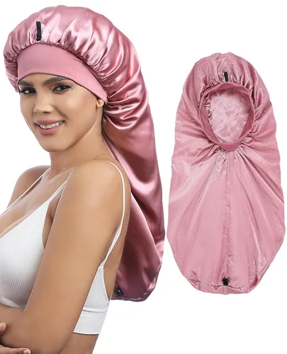 Miniatura 12 de AWAYTR Gorro largo de satén para mujer, gorro de seda de 2 capas para trenzas, gorro de dormir elástico con gorro de noche de banda ancha (negro)