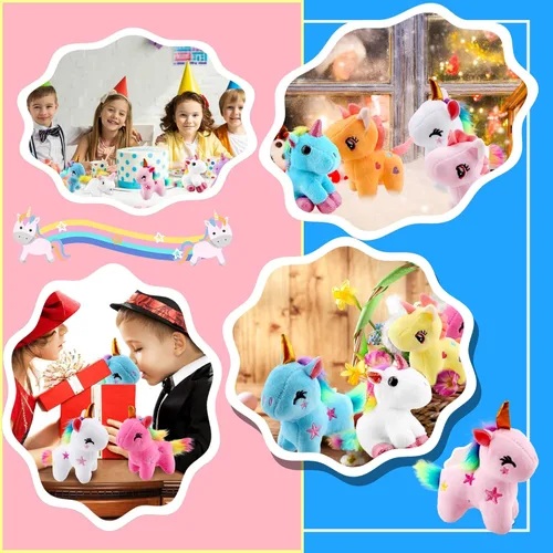 Miniatura 5 de Paquete de 24 minijuguetes de unicornio de peluche a granel, lindo unicornio de peluche pequeño con arco iris para Navidad, Pascua, boda, fiesta