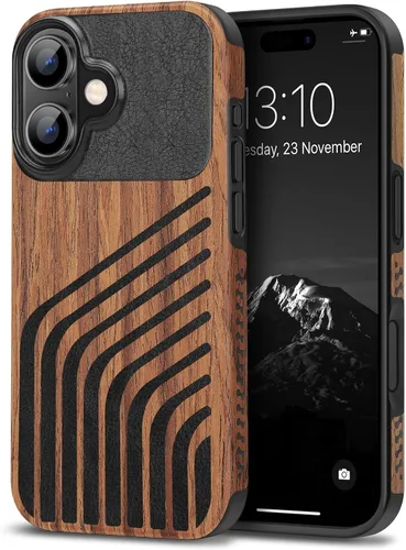 Miniatura 45 de TENDLIN Compatible con iPhone 17 Pro Max Funda de madera con textura de fibra de carbono Diseño de cuero híbrido delgado (negro)