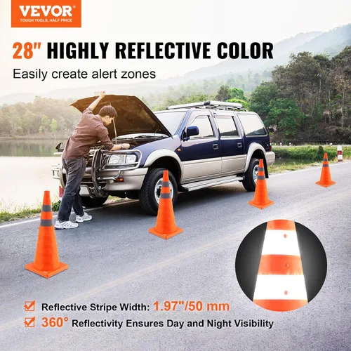 Miniatura 2 de VEVOR Conos de seguridad, paquete de 4 conos de tráfico plegables de 28 pulgadas, conos de construcción con collares reflectantes, base ancha y una