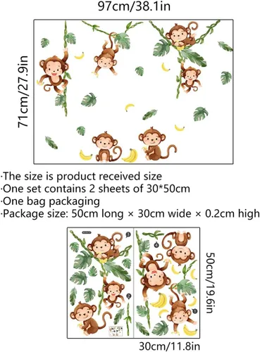 Miniatura 4 de Runtoo Calcomanías de pared de árbol trepador de mono, animales de la selva, calcomanías de arte de pared para dormitorio de niños, guardería y Mono