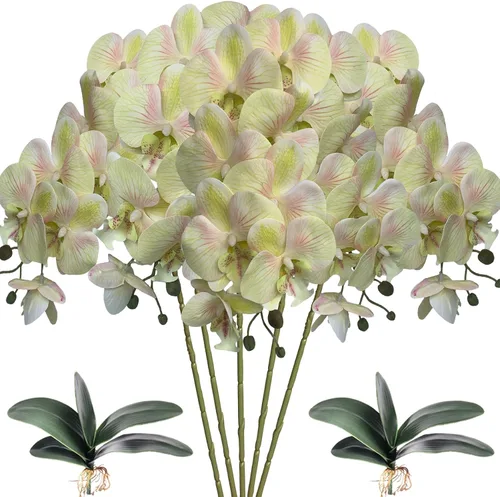 HinyoCo 5 piezas de orquídeas artificiales y 2 paquetes de hojas, flores artificiales de Phalaenopsis de 32 pulgadas para decoración del hogar y