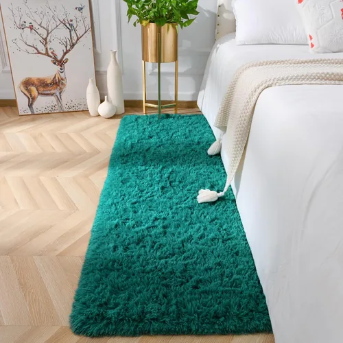 Miniatura 2 de Amearea Alfombra Peluda Azul y Verde de Pasillo para Dormitorio, Niñas, Sala de Estar, 2 x 6 pies, Color Verde Azulado, Extra Suave y Esponjosa