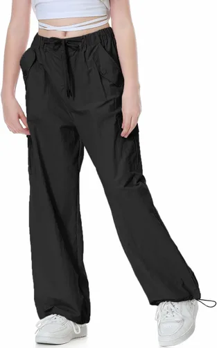 Miniatura 5 de Rolanko Pantalones de paracaídas para niñas, pantalones cargo Y2K con bolsillos, pantalones deportivos Harajuku para niños de 4 a 14 años