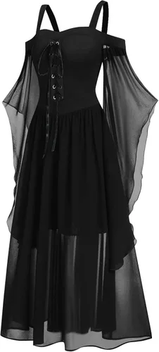 Miniatura 2 de Vestido gótico renacentista para mujer, disfraz de Halloween, hombros descubiertos, encaje, manga trompeta, vestido medieval steampunk 01-negro