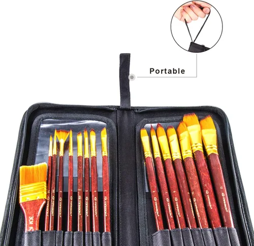 Miniatura 7 de Transon Juego de pinceles de pintura larga profesional para artistas, 16 piezas, con estuche para pinceles, surtido para acuarela, acrílico, 16