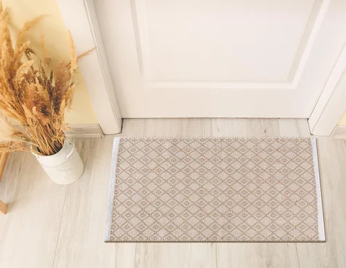 Miniatura 3 de Alfombra de algodón tejida con diamantes de 2 x 3 pies, color beige, antideslizante, decorativa, duradera, bohemia, ideal para entrada, cocina