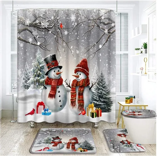 Juego de 4 cortinas de ducha de invierno de Navidad con alfombras, cubierta de tapa de inodoro, lindo muñeco de nieve, copo de nieve, pájaros rojos,