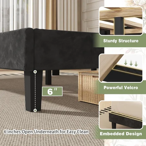 Miniatura 5 de SUNLEI Base de cama Queen con cabecera de almacenamiento, base de cama tapizada de terciopelo con cabecera copetuda con respaldo de alas, soporte