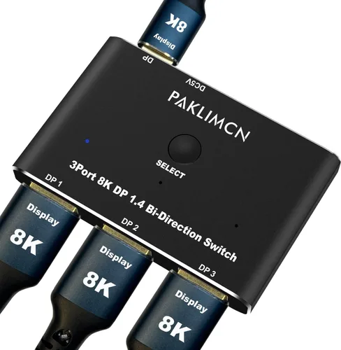 Conmutador DisplayPort 8K60Hz Puerto de visualización 1.4 Caja DP 4K @144Hz Conmutador bidireccional 3in1out 3in1out, 1 en 3 salida para conmutar